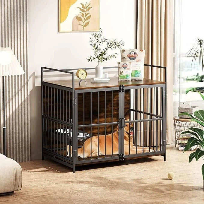 ROOMTEC Furniture Style Large Dog Crate with 360° & Adjustable Raised Feeder for Dogs 2 Stainless Steel Bowls -End Table H...
