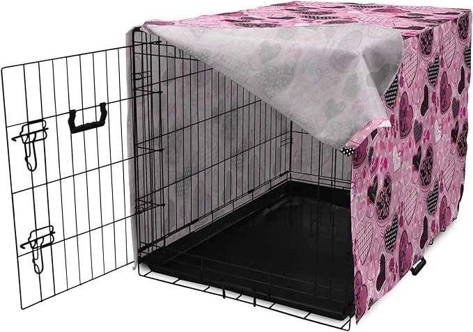Lunarable Hearts Dog Crate Cover, Sewing Themed Love with Polka Dots Valentine's Day Inspired Image, Easy to Use Pet Kenne...