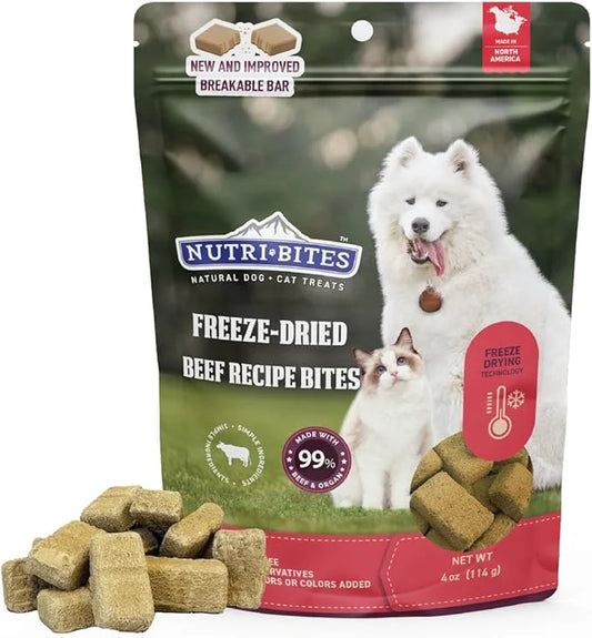 NutriBites Freeze Dried Beef Recipe Dog & Cat Treats, 4oz | Healthy Pet Training Treats or Food Topper | All Natural, Sing...