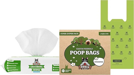 Pogi's 900 Unscented Dog Poop Bags w/Handles and 100 Plant-based Grooming Wipes Bundle - Product Image