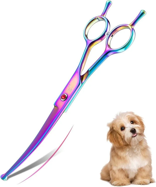 7" Curved Dog Grooming Scissors with Safe Round Tip, Rainbow Pet Fur Scissors, Japanese Stainless Steel 440C, Sharp and St...