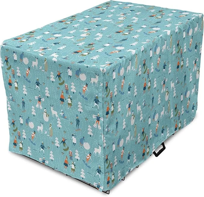 Lunarable Christmas Dog Crate Cover, Winter Games Theme Pattern with Snowman Trees Snowboard Reindeer and Adults, Easy to ...