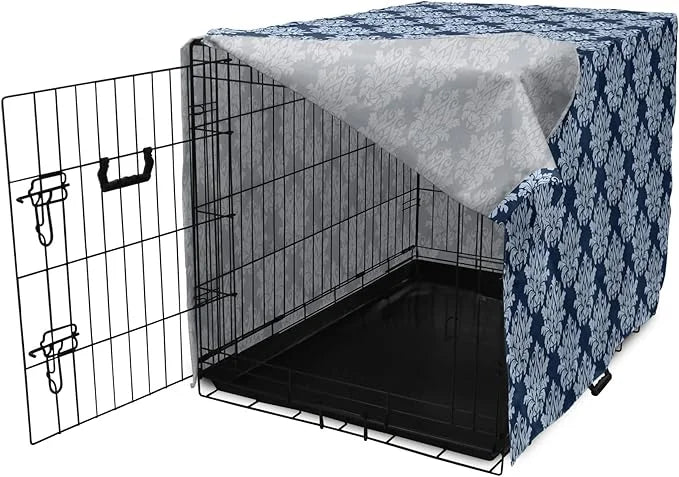 Lunarable Damask Dog Crate Cover, Abstract Antique Royal Motif with Leaves and Swirls, Easy to Use Pet Kennel Cover for Sm...