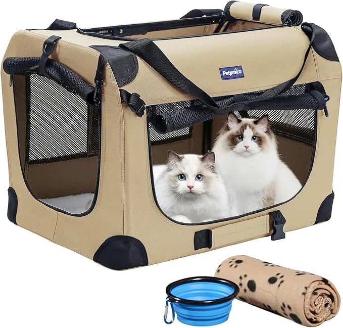 Petprsco Portable Collapsible Dog Crate, Travel Dog Crate 24x17x17 with Soft Warm Blanket and Foldable Bowl for Large Cats...