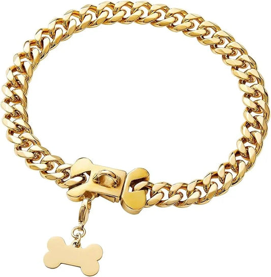 15mm Wide Strong Stainless Steel Bone Style Buckle Gold Dog Chain Collar,18K Gold Plated Cuban Link Chain Dog Necklace Col...