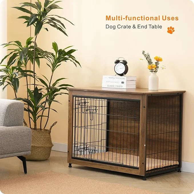 DWANTON Dog Crate Furniture with Cushion, Wooden Kennel Table with Double Doors, Indoor Dog House, Medium Size, 32.5" L, W...