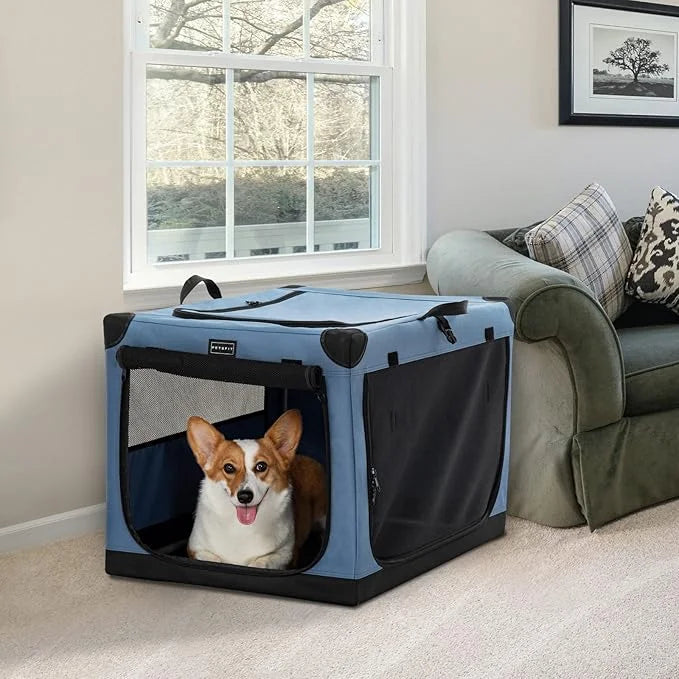 PETSFIT Collapsible Dog Crate, with Patented Adjustable Fabric Cover, Chewproof & Lockable Mesh Doors, Waterproof Base Sof...
