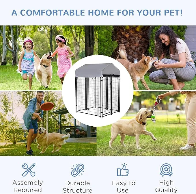 PawHut Outdoor Dog Kennel with Roof, 4' x 4' x 6' Heavy Duty Welded Wire Dog Playpen Enclosure with Escape-Proof Lock, UV-...