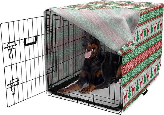 Ambesonne Christmas Dog Crate Cover, Knit Style Graphic Reindeer Star and Snowflake Holiday Family Theme, Easy to Use Pet ...