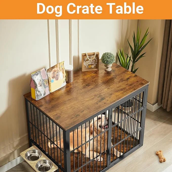 Dog Crate Furniture, 48 Inch Dog Kennel Furniture, Wooden Dog Crate Furniture Large Breed with Rotating Bowls, Heavy Duty ...